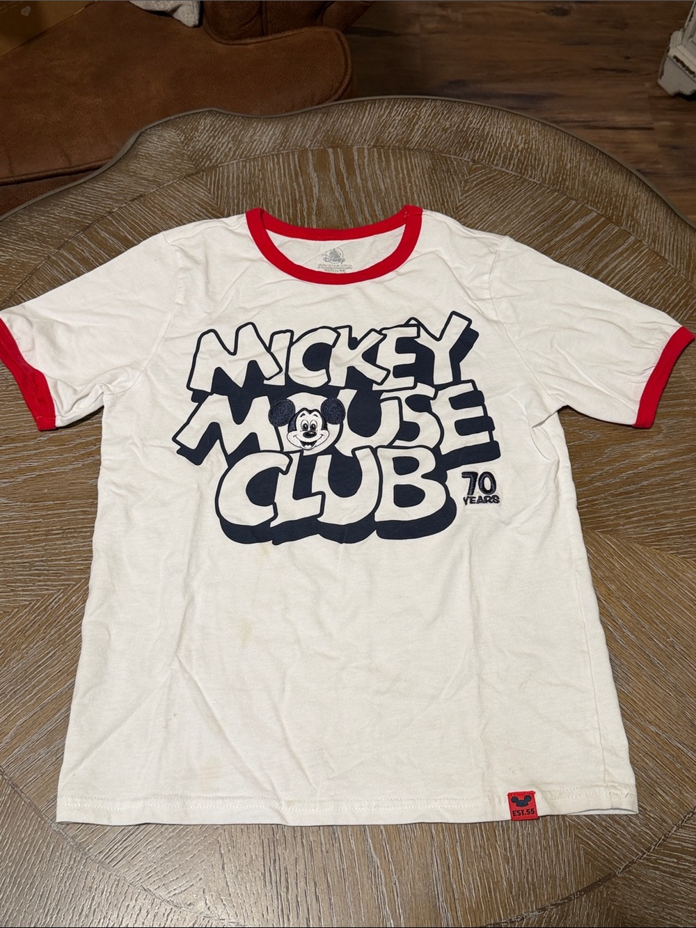 Disney White Tee with Red Ringer and Navy Mickey Mouse Club Graphic
